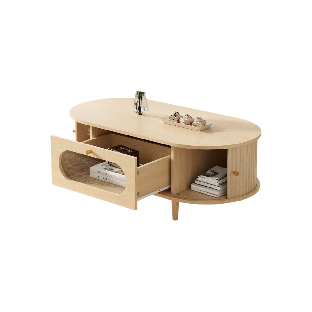 Table basse ovale en bois clair avec rangement intégré et tiroir.